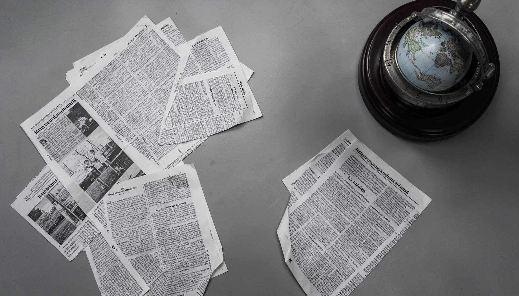 Overhead flat-lay of scattered black-and-white newspaper pages and a rotary globe on a muted grey desk, moody and contemplative in tone